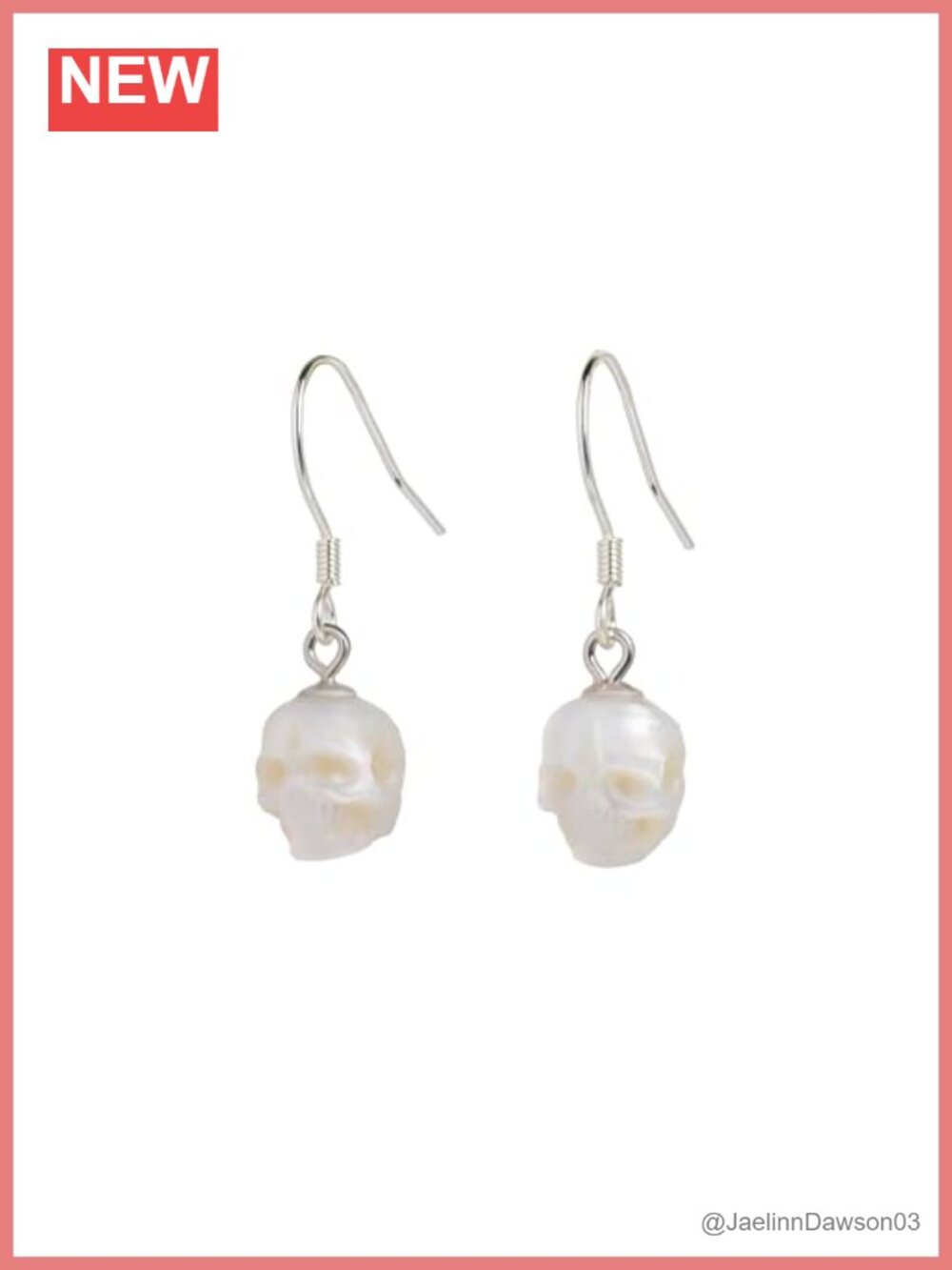 Handcarved Pearl Skull Earrings Sterling Silver Drop Dangle Hook Halloween